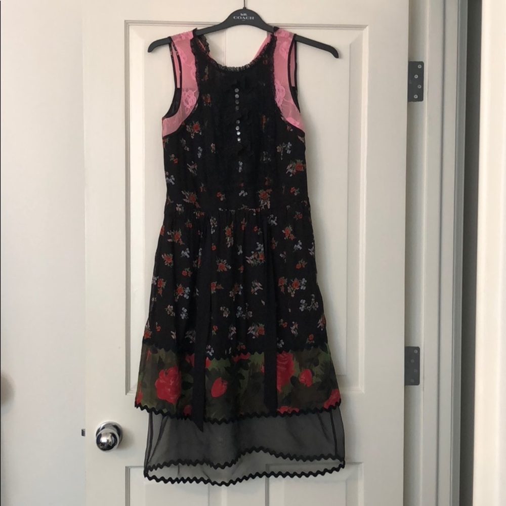 Coach Black Floral Midi Dress with Pink Trim